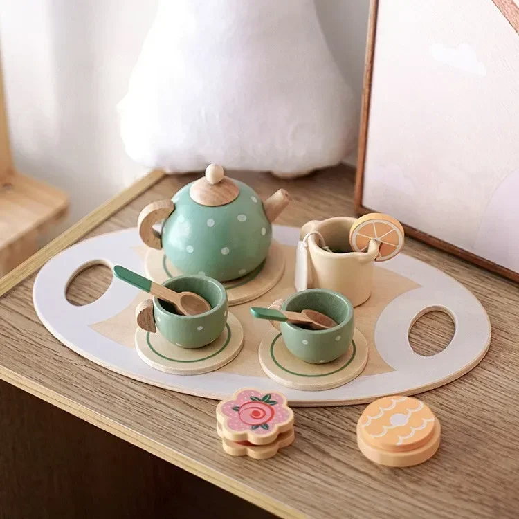 High Quality Wooden Simulate Furniture tea set Dessert Afternoon Tea cookie Play house Interactive Toys baby girl Christmas gift