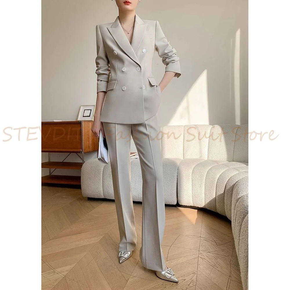 Chic Classic Suit Set Solid Color Double Breasted 2 Piece Jacket Pants Blazer Set Slim Fit Luxury Office Lady Female Clothing