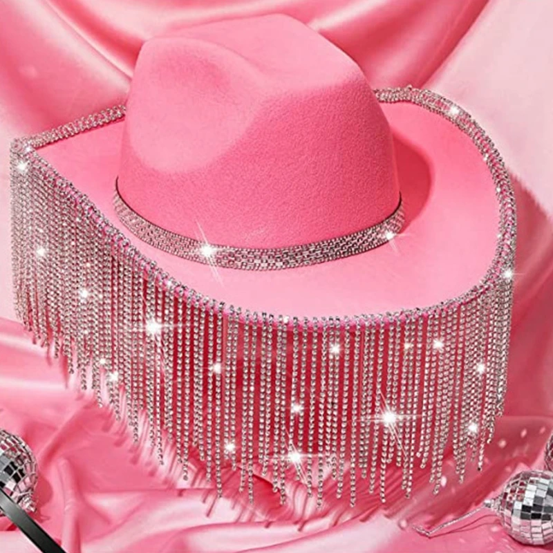 Cowboy Hat with Rhinestones Fringe Glitter Rave Cowgirl Hat 58cm/23