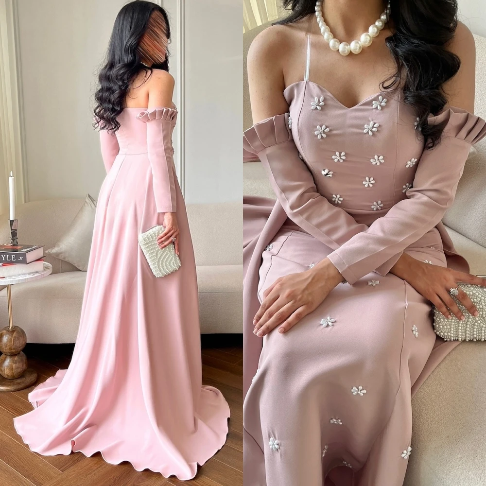 맞춤형 럭셔리 저지 이브닝 드레스 섬세한 보트넥 프롬 드레스 기품 있는 긴 소매 특별한 행사 가운