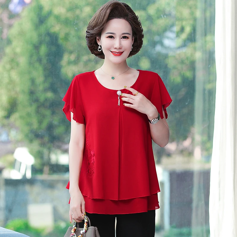 Summer short sleeve Tops Female O Neck Blouse Women Shirt Middle Aged Mother Loose Solid Chic Casual Blouses