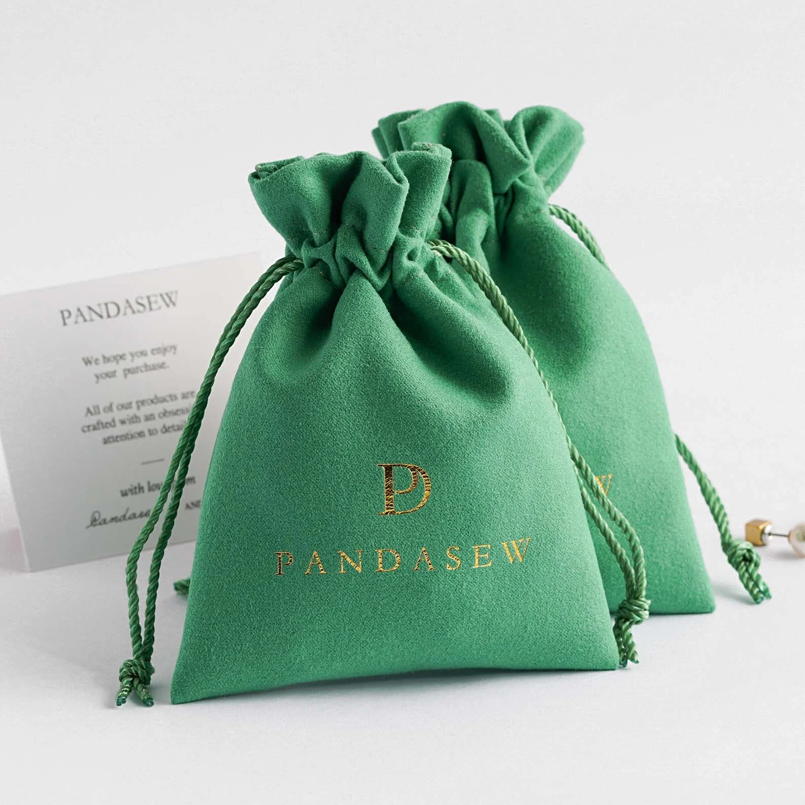 

50PCS Green Velvet Suede Packaging Drawstring Jewelry Pouch Bag with Custom Logo，Decorate the Wedding, Engagement,Birthday Party