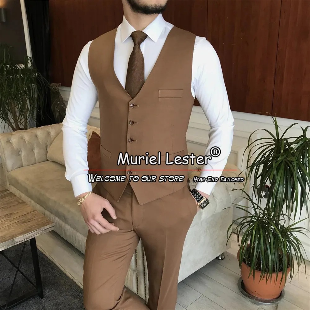 Brown Wedding Suits For Men Slim Fit Single Breasted Blazer Customized 3 Pieces Jacket Vest Pants Business Terno Costume Homme