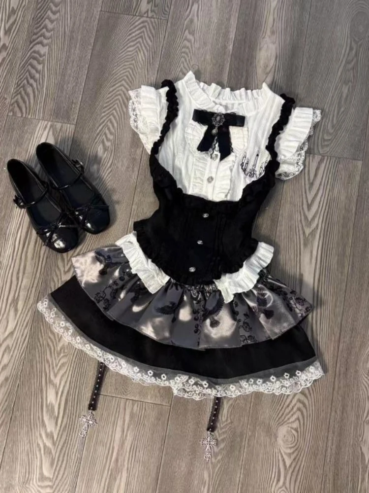 Aesthetic Y2k Lace Skinny 3-piece Set Women Gothic Chic Slash Neck Sling Long Sleeve Cardigan + High Waist Plaid Skirt Suit New