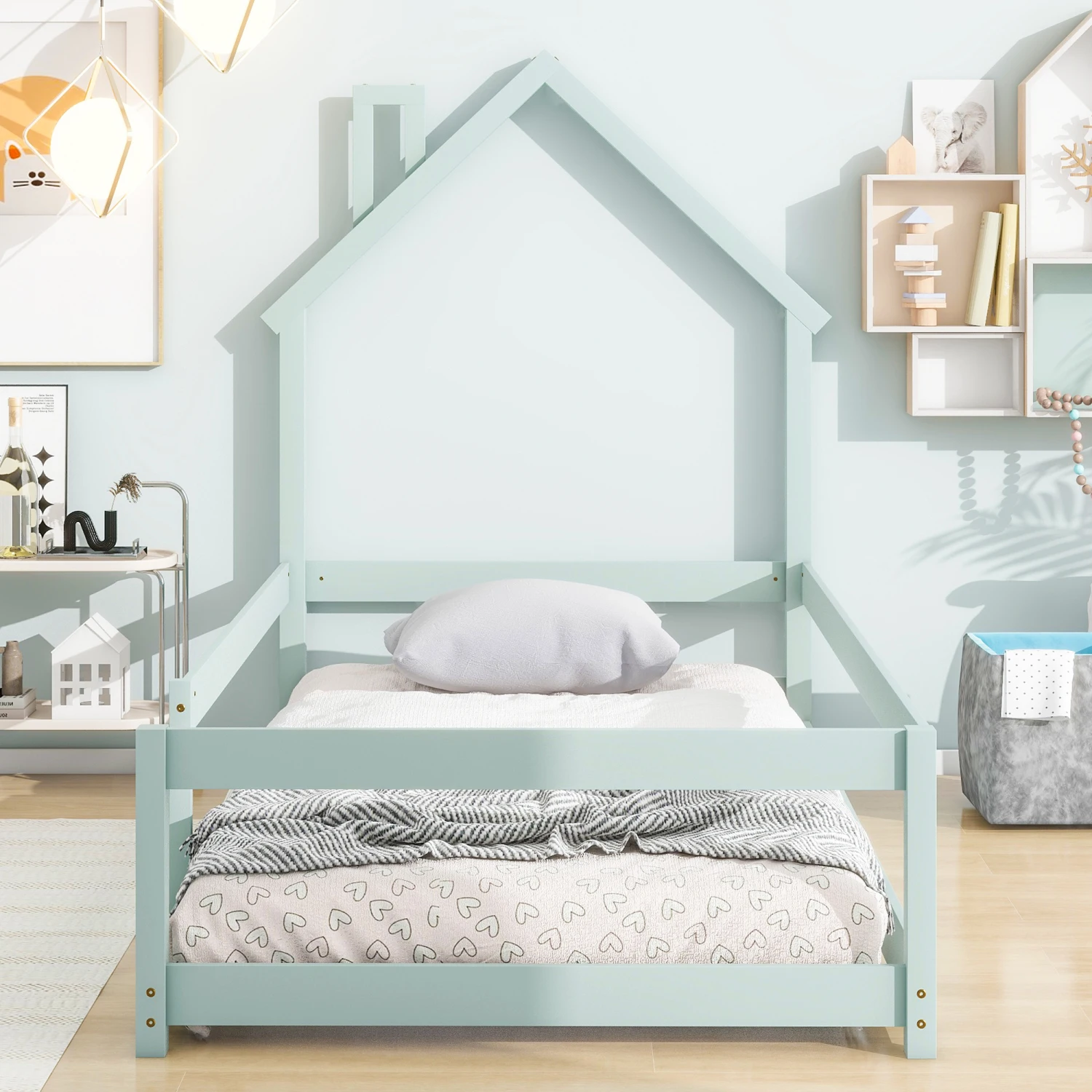 

Twin Size Wood Bed with House-shaped Headboard, Floor Bed with Fences in Light Green Color