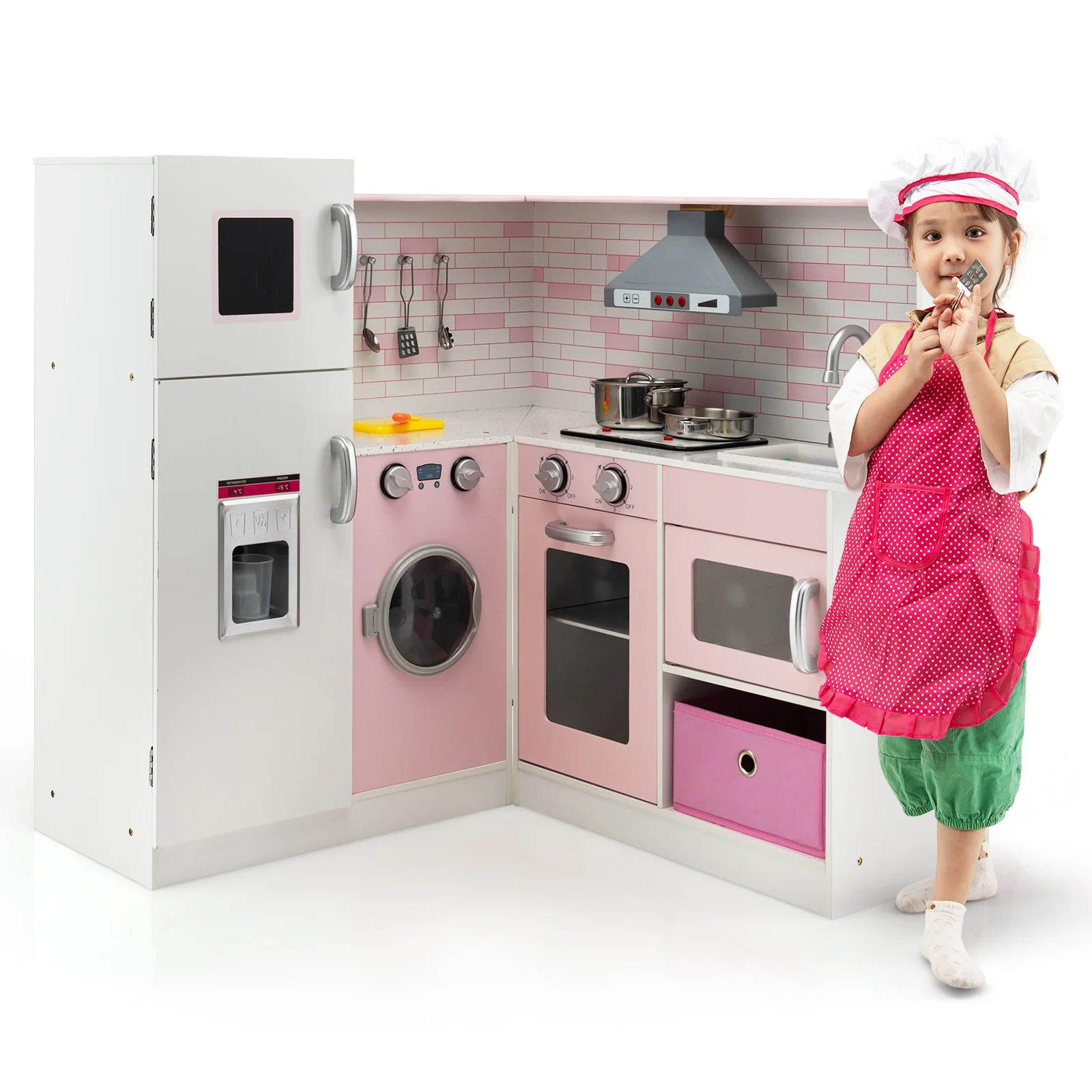 Play Kitchen Wooden Toy Set, Som e Luz, Ice Maker, Panelas, Avental para Idade 3 +