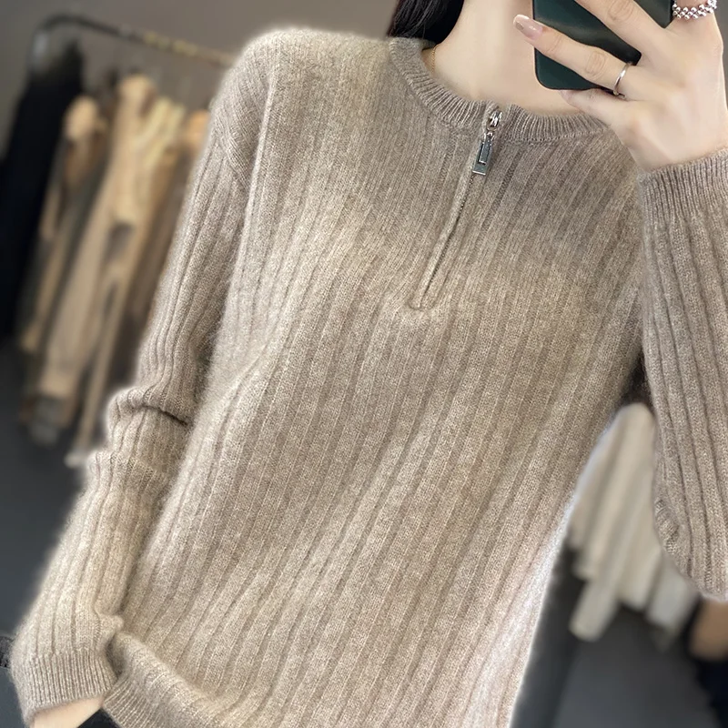 Fashion Solid Zipper Round Collar Sweater For Women 100% Wool 2023 Autumn Winter New Casual Knitwear Long Sleeve Female Tops