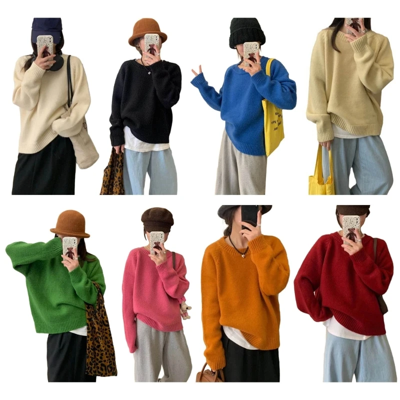 

Women Round Neck Candy Color Thick Knitted Sweater Girl Autumn Winter Long Sleeve Loose Knitwear Pullover Jumpers Top Streetwear