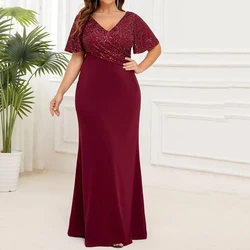 Customized Mermaid Mother Of The Bride Dresses Sequined V-Neck Floor-Lengt Wedding Mom Gowns Simple Hlaf Sleeves Backless Plus S