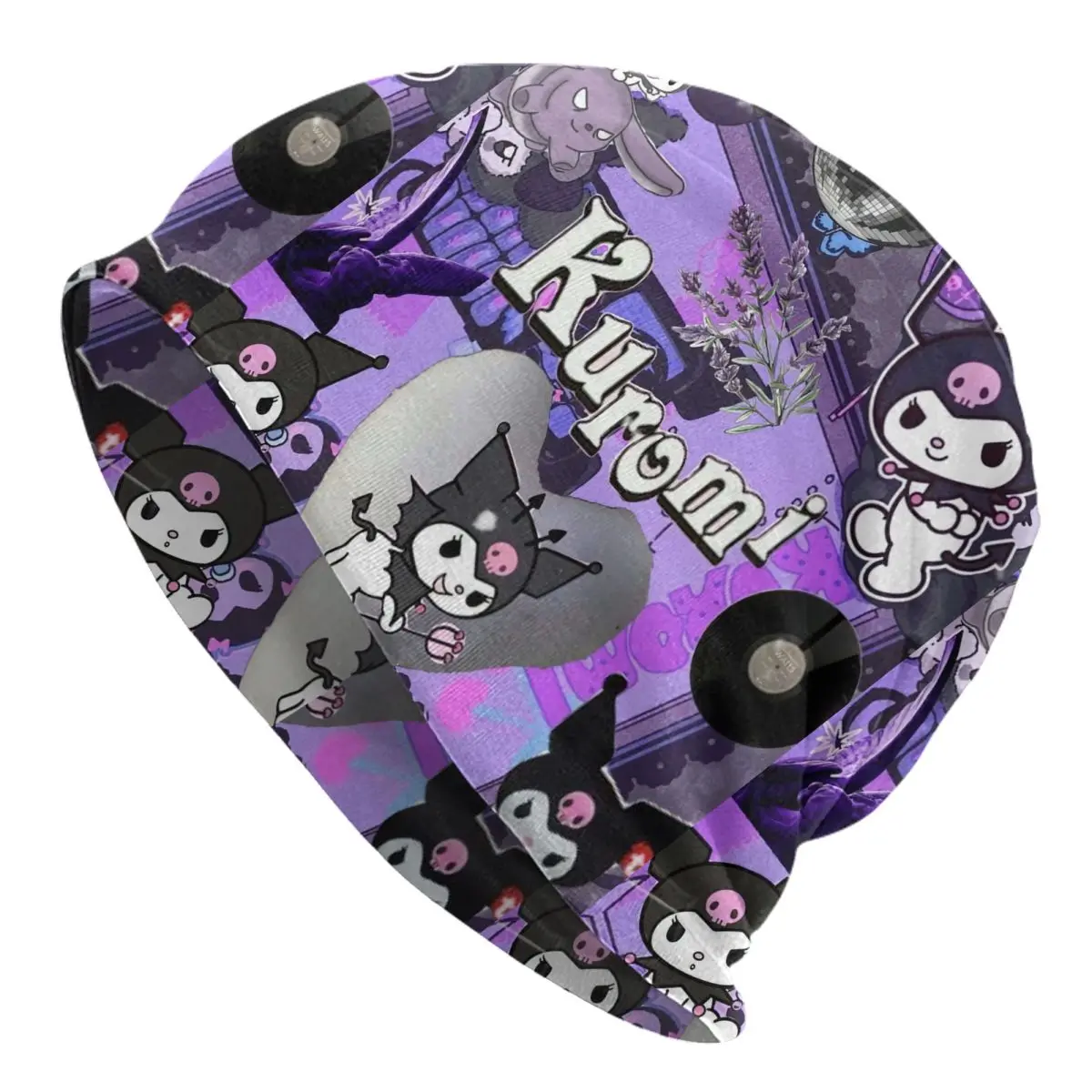 

Kuromi шапки с коллажем в стиле хип-хоп, уличная шапка Skullies, кавайная шапка с героями мультфильмов для мужчин и женщин, теплая кепка двойного назначения