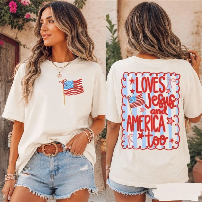 Loves Jesus and America Too Shirt Women Men Fashion 4th of July 250th Anniversary Streetwear Casual Independence Day Tees
