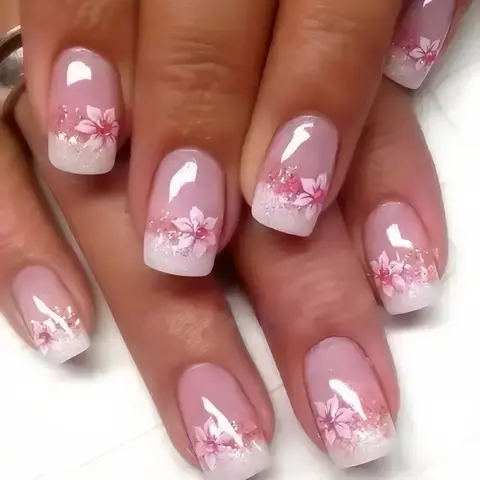 Pink Flower Press On Nails, Short Square Fake Nails, French Tip with Glitter & Floral Removable Elegant False Nail Tips