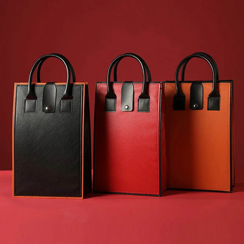 Luxury Red Wine Packing Bag Exquisite Portable PU Leather Handle Bag Double Bottle Red Wine Tote Bag Champagne Bag Gift Box