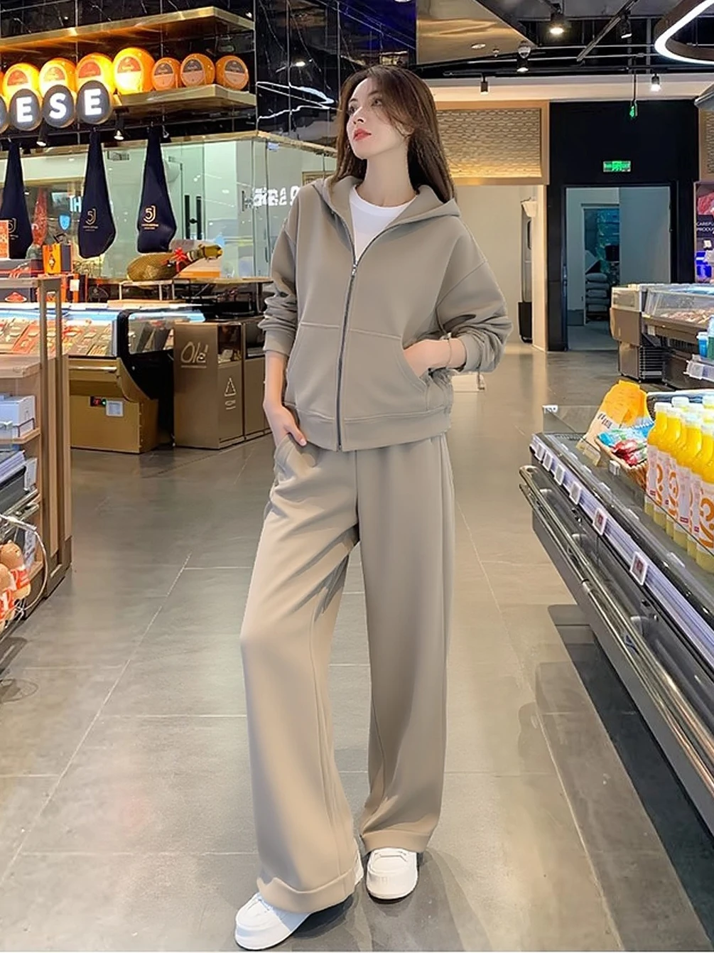 

Premium Fce Lined Thiened Hoodie Set Women's Casual Slimming Vintage Sports Wear Two Piece Set High Waist Long Pants