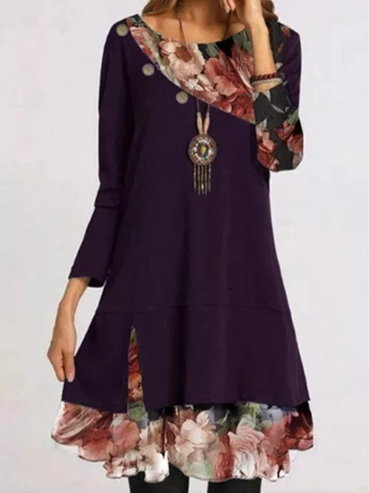 Vestido feminino solto casual retrô estilo étnico, gola redonda, manga comprida, estampa floral, outono
