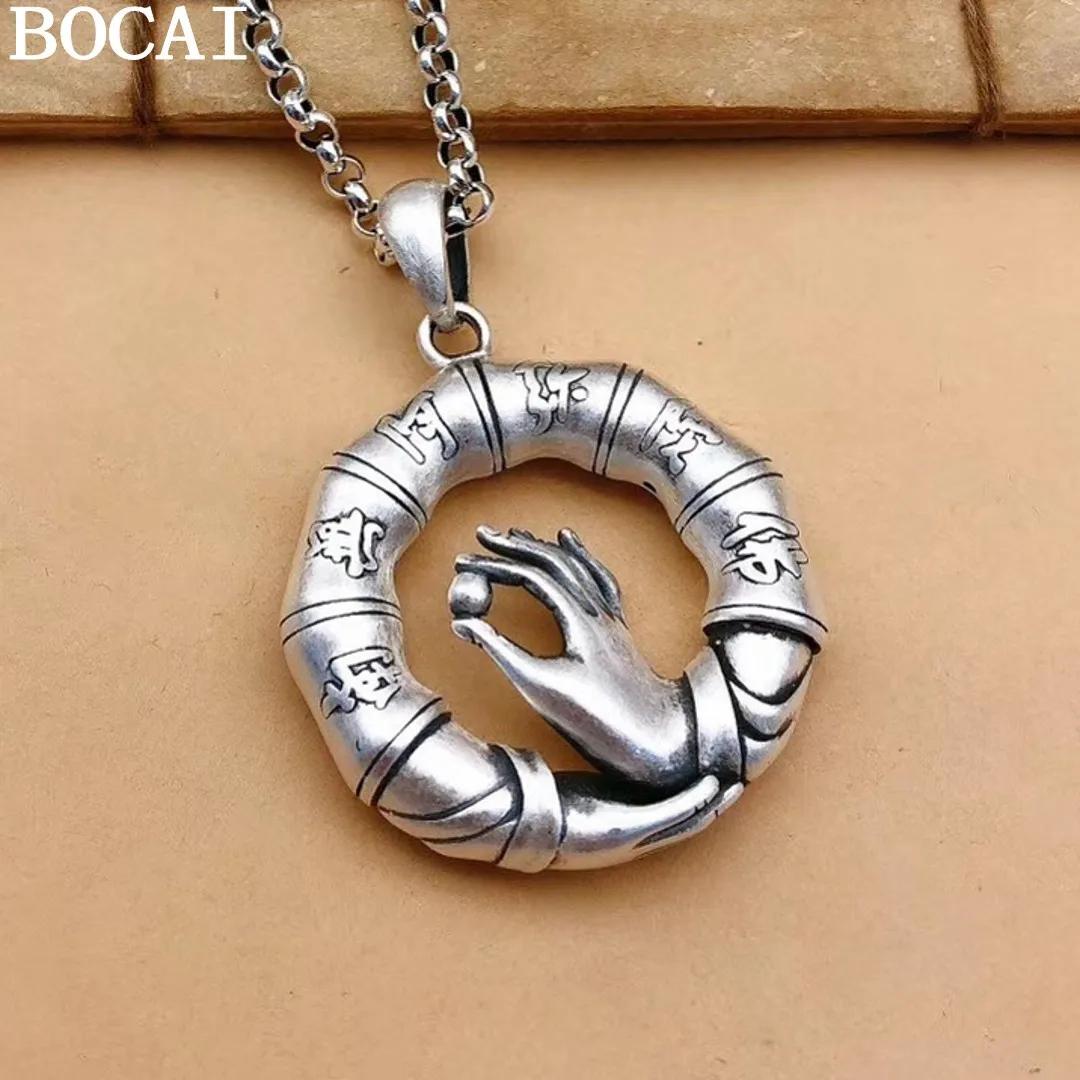 

BOCAI NEW S925 Чистое Серебро Ретро Личность Будда Рука SIx Персонаж Мантра Подвеска