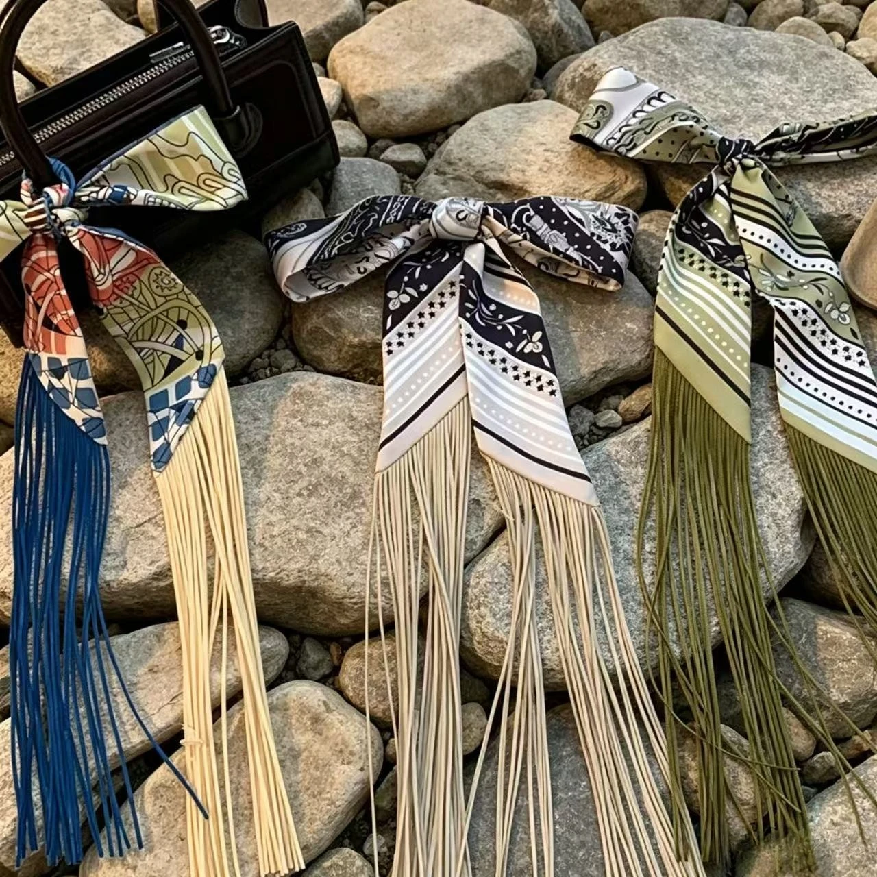2026 New Arrival Paisley Print Women Decorative Small Silk Scarf Hair Band Binding Bag Handle Tassel Ribbon Tie Small Scarves