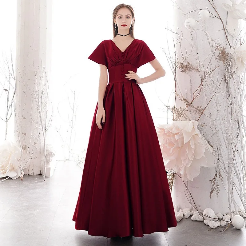 

Evening Dress V-Neck Short Sleeves Satin Floor-Length Ruched A-Line Burgundy Lace Up Plus size Woman Formal Party Gowns XC147