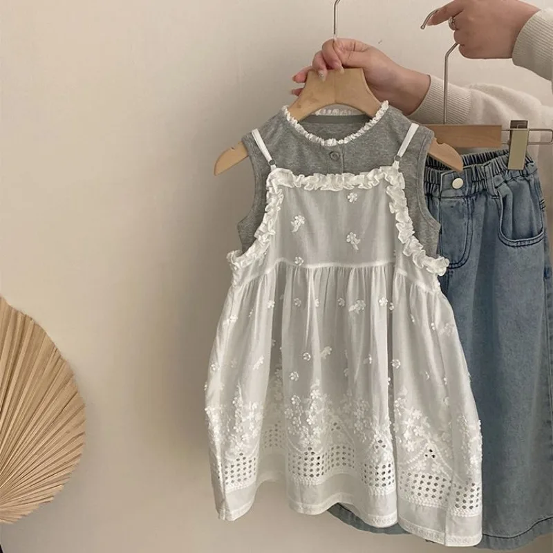 

Girls' Set 2025 Summer New Korean Lace Vest, Children's Embroidered Lace Camisole Dress, Loose Jeans