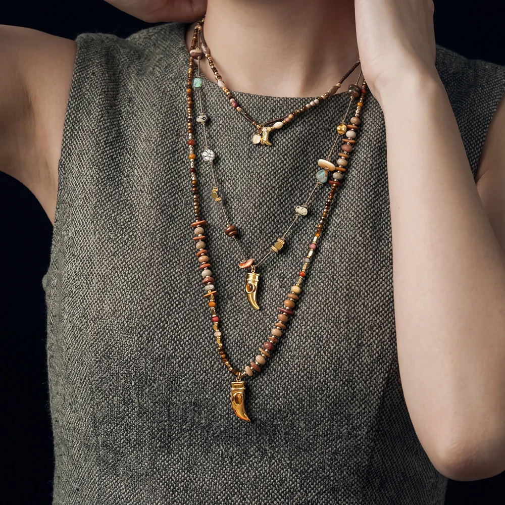 Vintage western nomadic tribal nature crystal stone mix color beaded necklace bohemian style for autumn winter sweaters chain