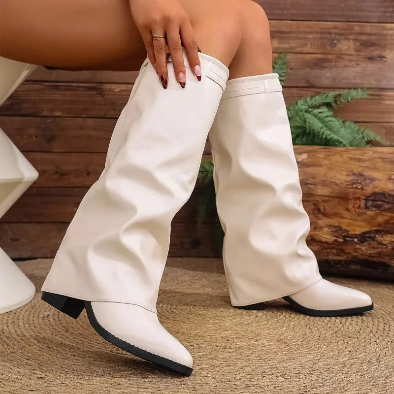 Women's Fashion Folding Knee-high Boots Winter Solid Color Non-slip Thick-soled Wide-leg PU Leather Fashion Boots Botas Mujer image 4