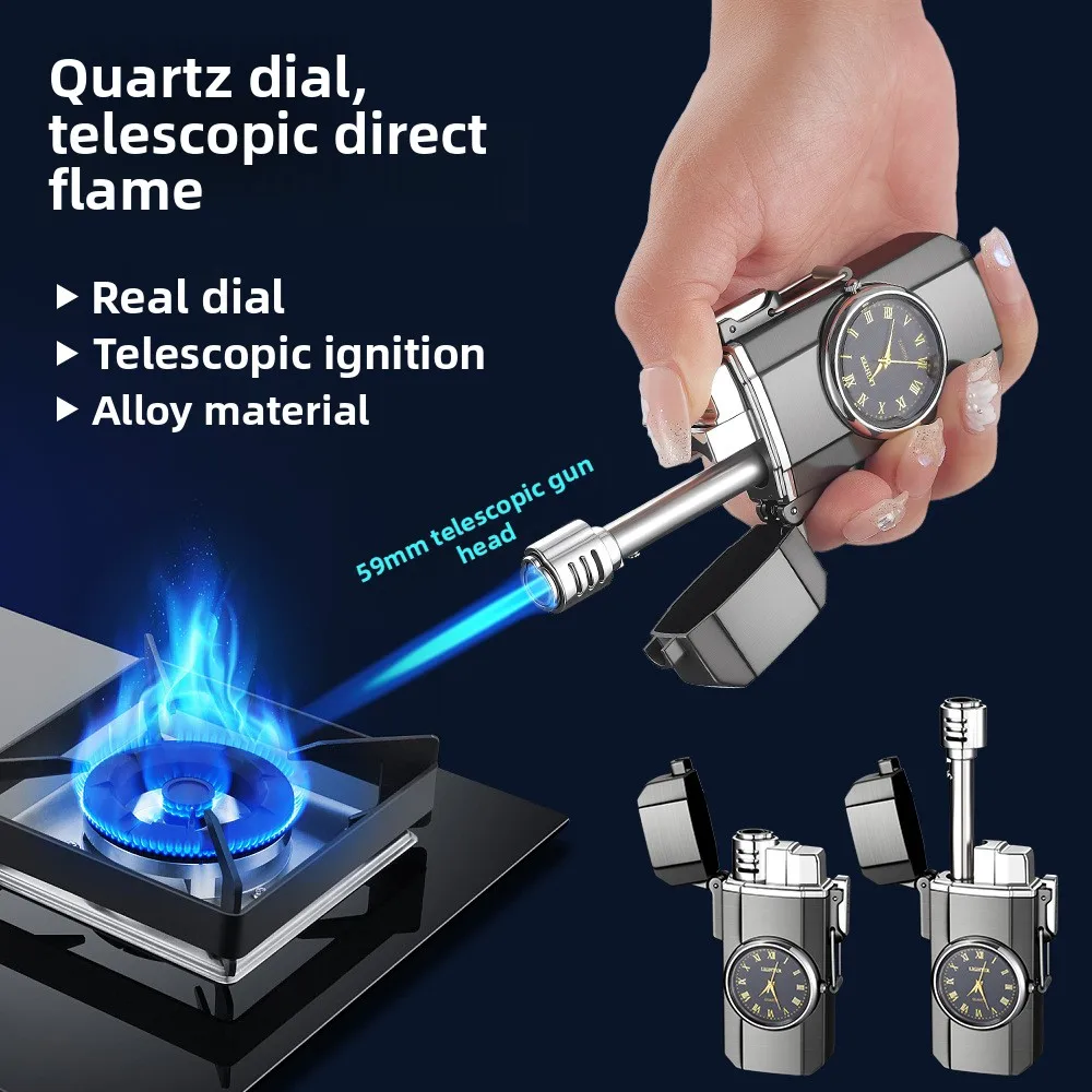 Butan-Flammenbrenner mit integrierter Quarzuhr, Teleskop-Düse, lange Flamme, blaue Flamme, Metallfeuerzeug für Zigarren, Kerzen, Herren