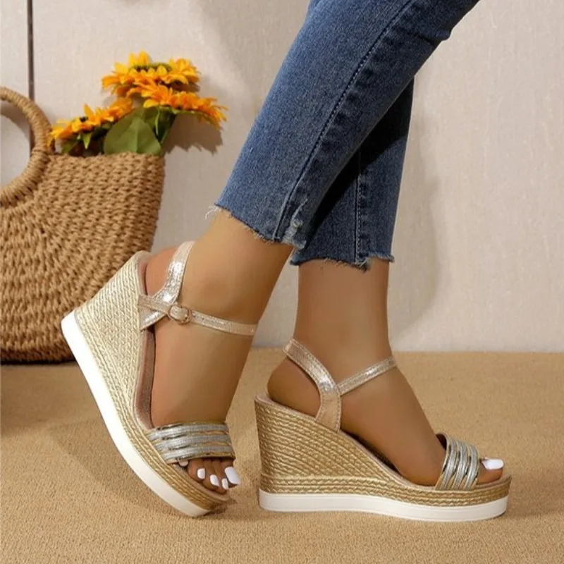 

2026 Women's Summer Wedge Sandals Thick Sole Sandals with Open Toe Casual Shoes Gold Silver