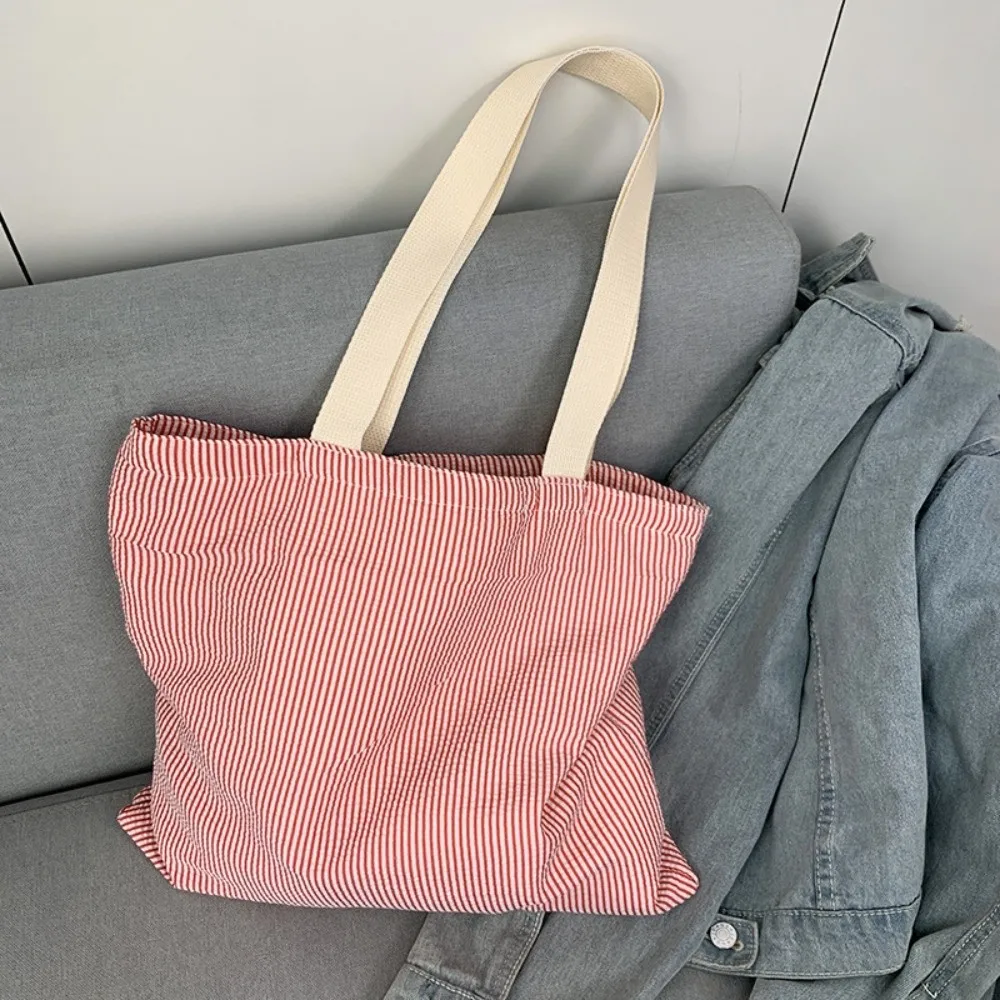 Stripe Contrast Color Canvas Shoulder Bag Large Capacity Simple Design Zipper Handbags Vintage Style Patchwork Shopping Bag
