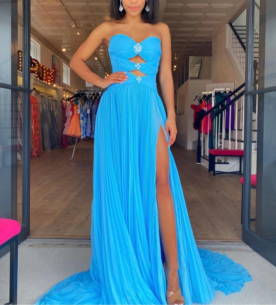 

Elegant A Line Strapless Formal Evening Dress Chiffon Party Wear Dress with Slit Beach Dress vestidos de noche فساتين السهرة