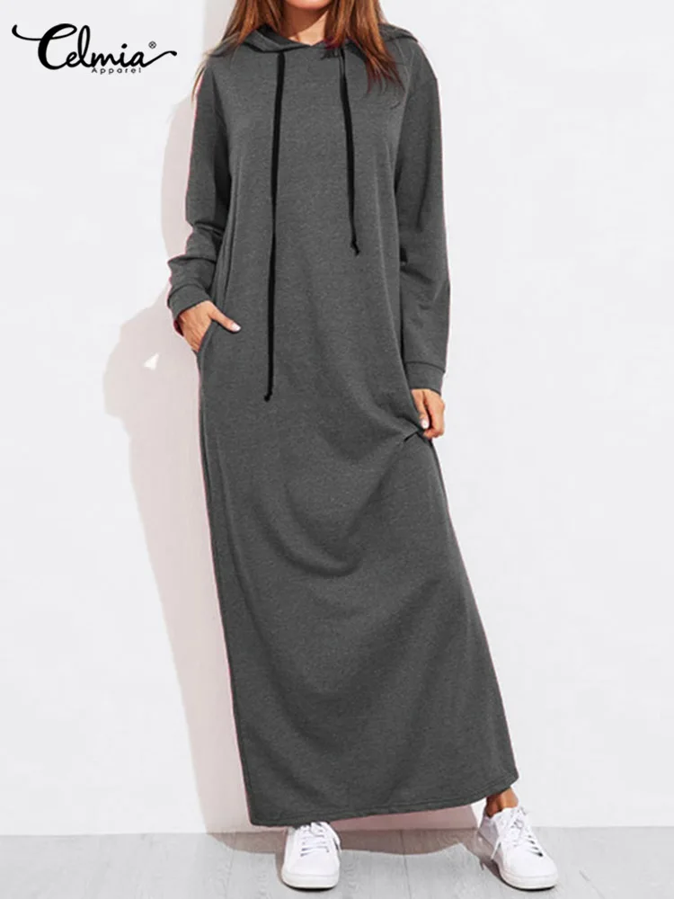 Celmia 2023 Women Maxi Dress Autumn Fashion Vintage Hooded Dress Sweatshirt Winter Long Sleeve Hoodies Winter Vestido Robe Femme