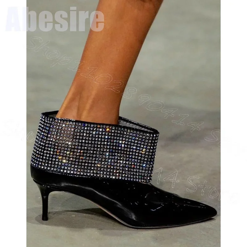 

Rhinestone Decor Black Pointed Toe Ankle Boots Slip On Women Shoes Thin High Heels Party Banquet Runway 2025 Zapatos Para Mujere