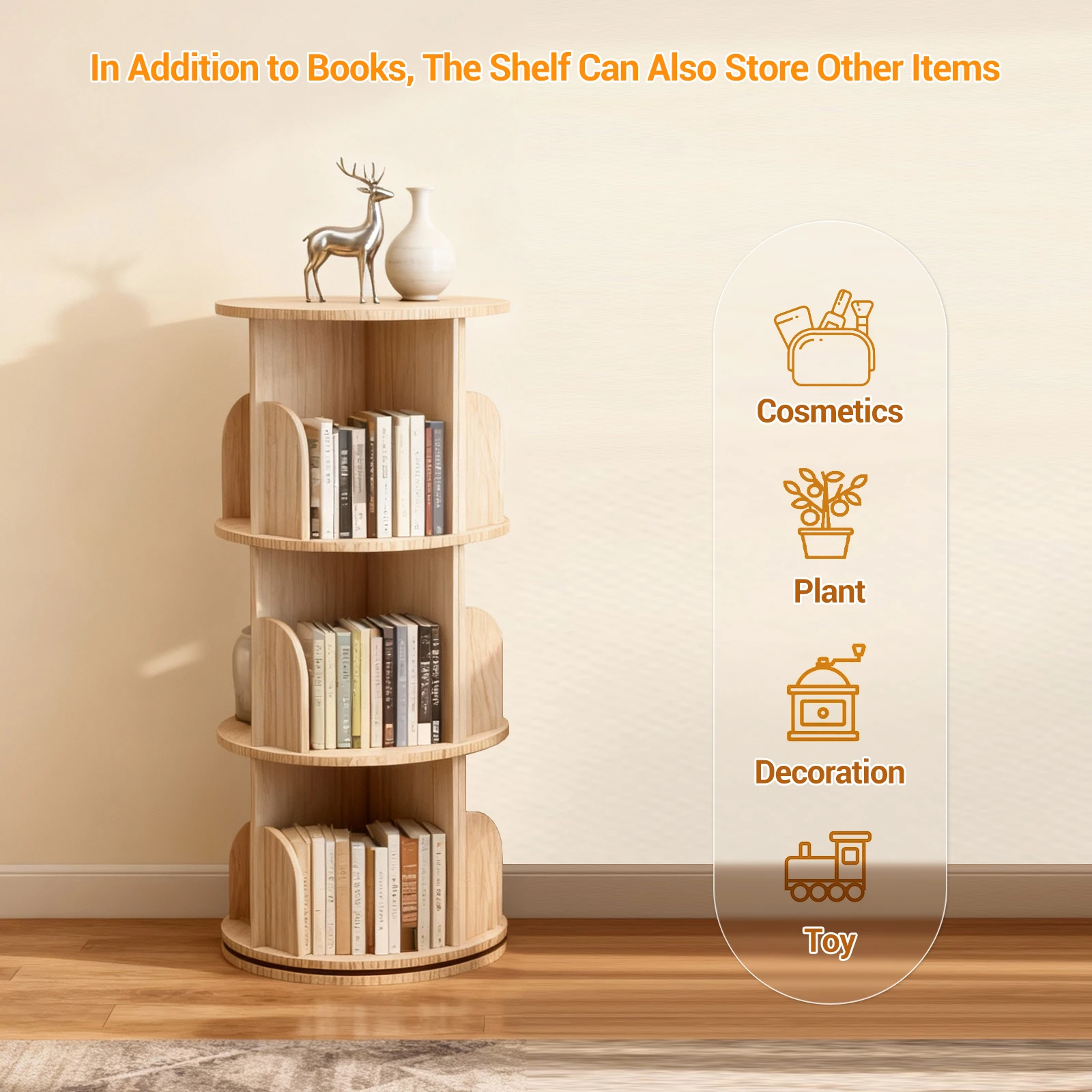 Solid Wood Rotating Bookcase, 360 Degree Standing Shelf, Floor Standing Bookcase