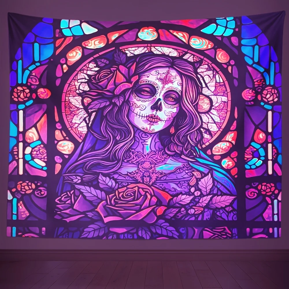 Day of the Dead Sugar Skull Woman Wall Tapestry Stained Glass Art Boho Decor Mexican Culture Halloween Home Decoration