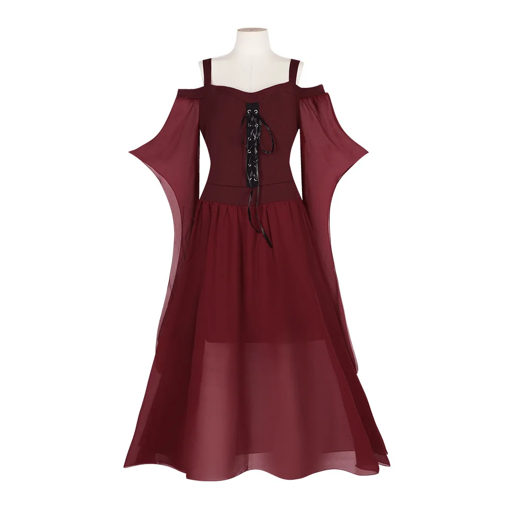 

loween Witch Costume Pure Color Retro Flared Sve Renaissance Medieval Strapl Gown Tie Waist Dr Women's Faion