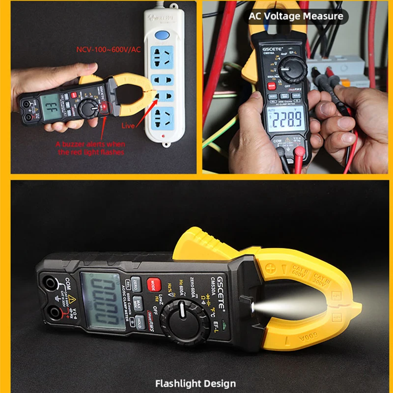 GSCETE Professional Digital Clamp Multimeter DC/AC Electrician Automotive Tester 400A/500A/600A Current Digital Clamp Meter