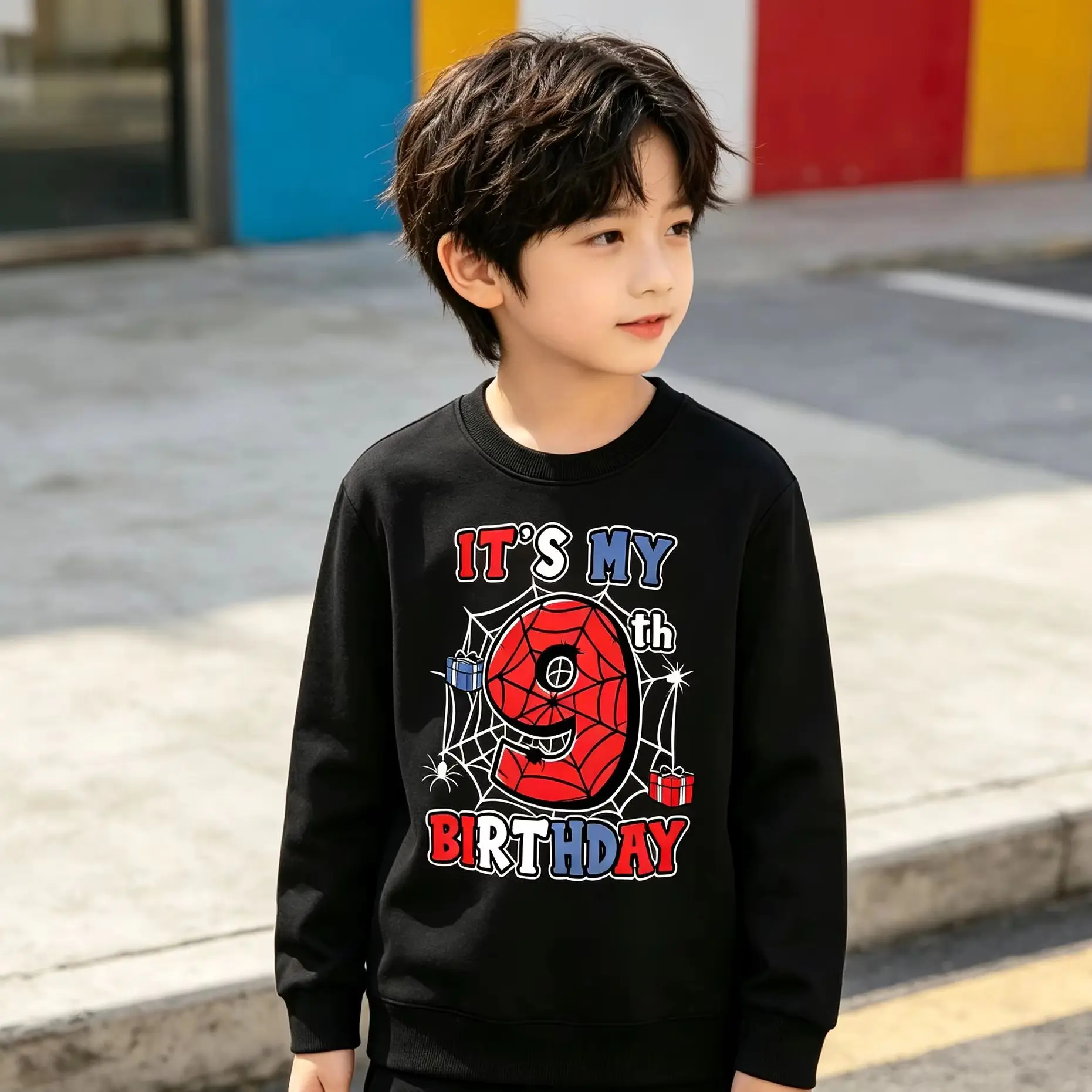 Kids' Birthday Sweatshirt, Ages 3‑12, Crewneck Pullover with Cartoon Spider Web Print, Long Sleeve Birthday Party Gift Top