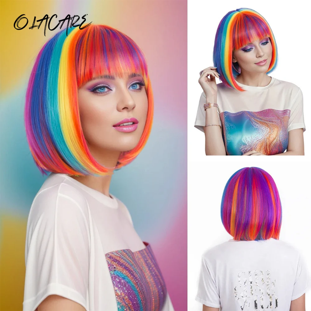 

OLACARE Curly Short Synthetic Wig For Women Fresh Natural Short Wig With Straight Bangs Suitable For Daily Wear