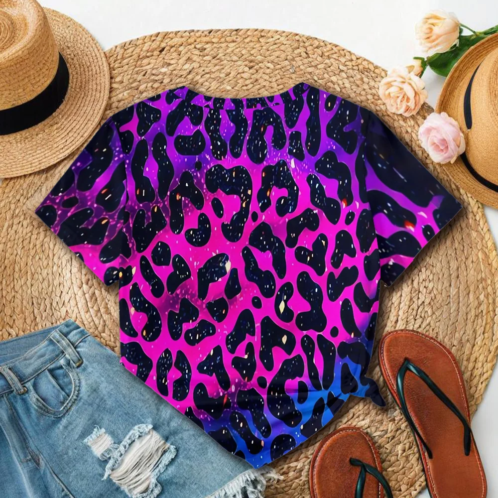 핑크와 블랙 레오파드 패턴 여성 티셔츠 - 캐주얼 패션 스타일 여름 라운드 넥 반팔