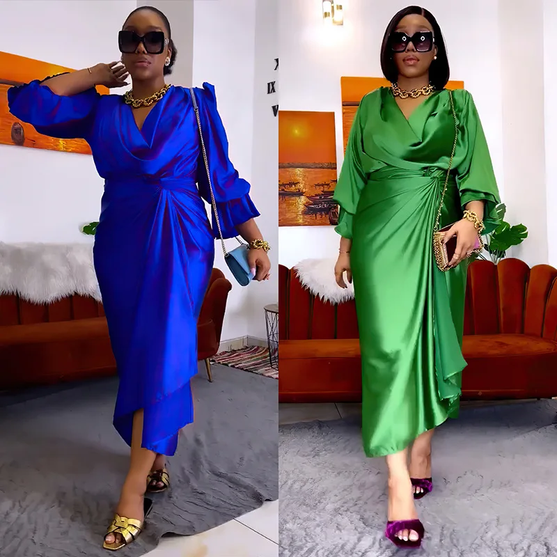 

2024 Elegant African Satin Two Piece Set Skirt Women Fashion OL Ruffle Sleeve Shirt Lace Up Skirt 2 Piece Set Skirt Women