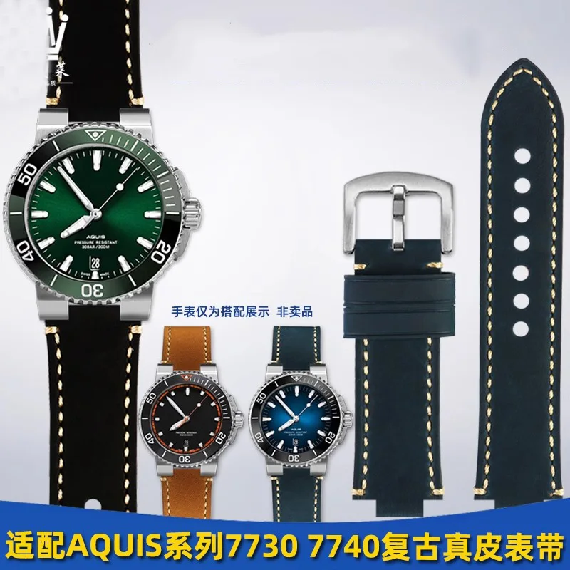 High Quality cowhide watchband For Oris Aquis 7330 7740 Series  24x12mm Modified Convex Strap Wristband Black Blue