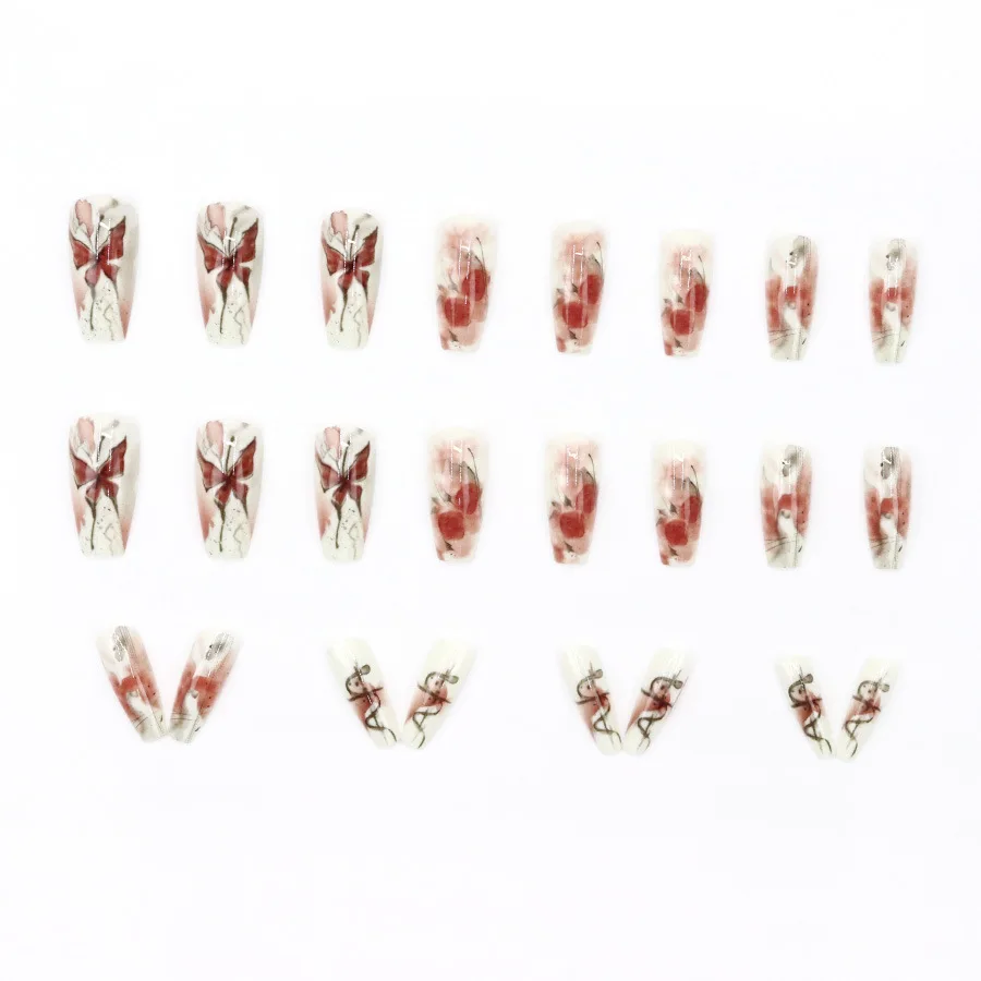 24 قطعة طويلة مربع الأظافر كاذبة الحبر غسل نمط الورد والفراشة الاكريليك الصحافة على الأظافر مسمار نصائح أظافر صناعية للالتصاق