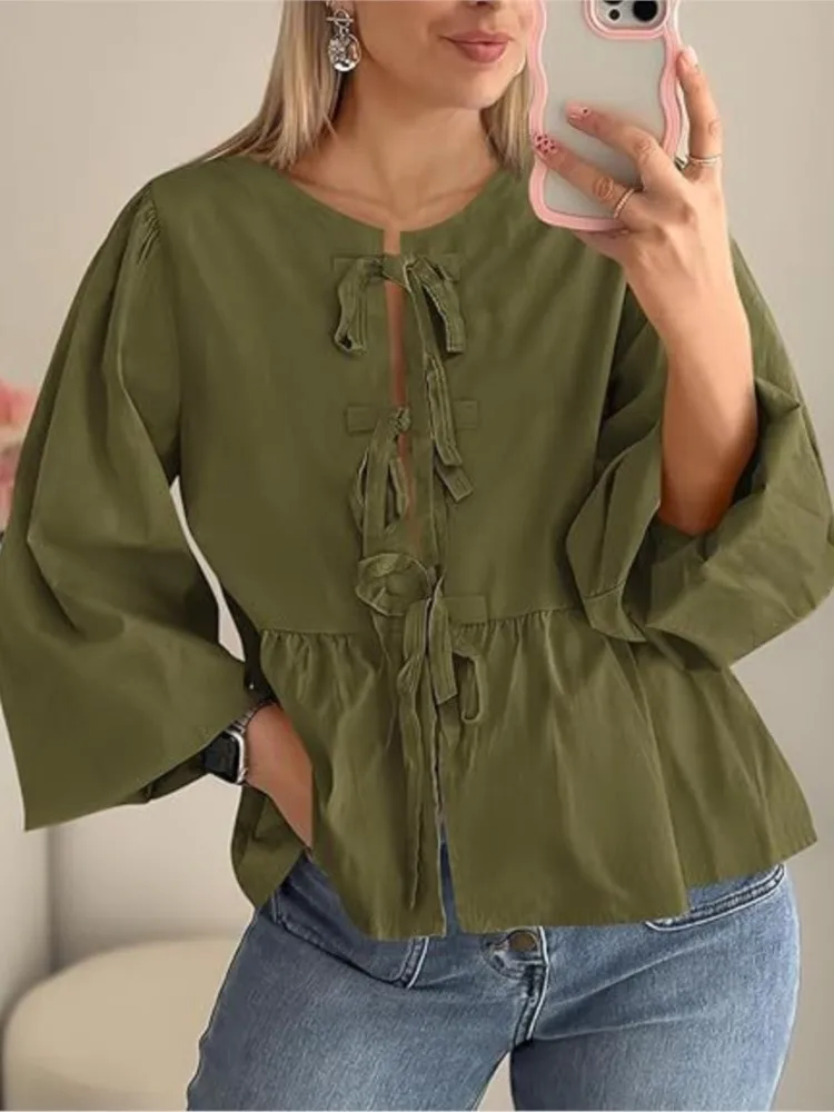 

New Spring Autumn Women's Solid Color Fashion Front Strap Top With Sexy Hollow Casual Long Sleeve Shirt