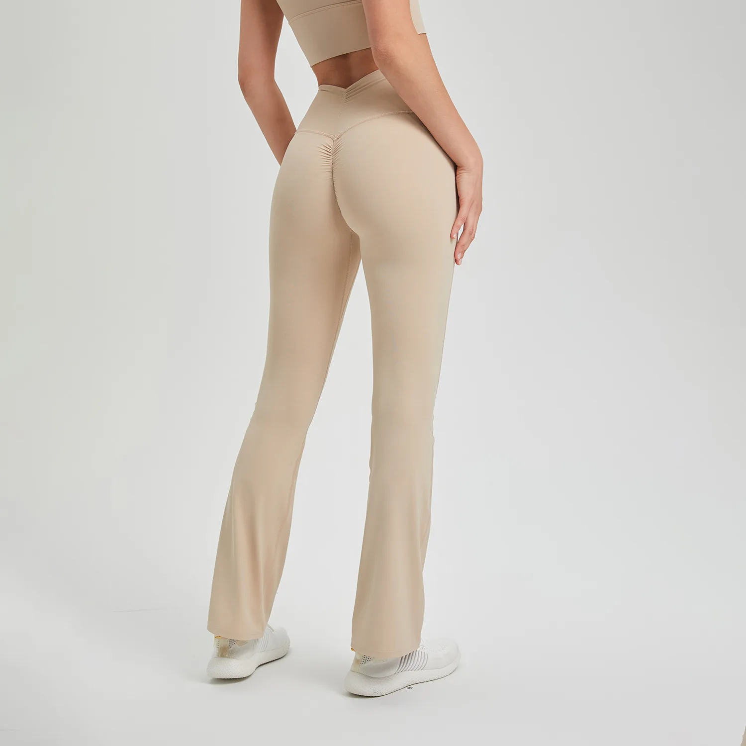 High Waist Pleated Hips, Curling-proof, Nude  Pants, Running Pants, Breathable Fitness Bell Bottoms.