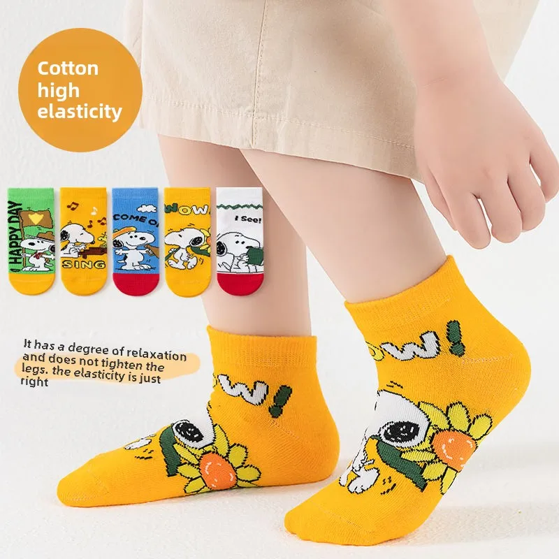 5 Paar Snoopy New Style Kindersocken Mittelhoch Frühling Sommer Cartoon Design Jungen Mädchen Baby Weiche Baumwollsocken Säuglingsgeschenke