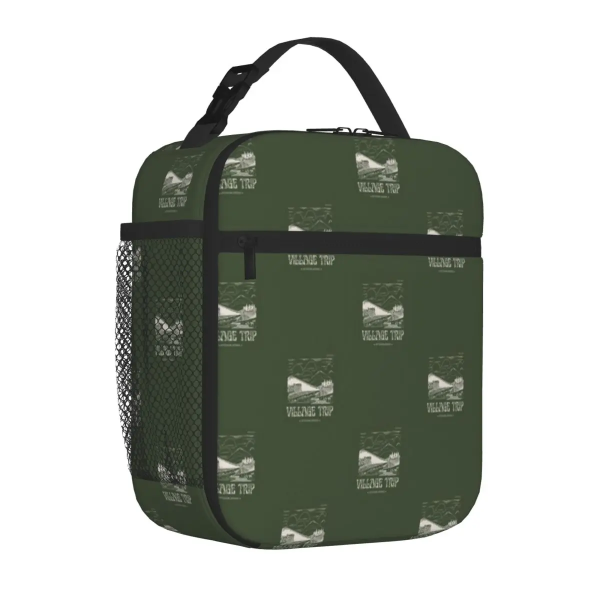 Hot Sale VILLAGE TRIP - OUTDOOR APPAREL Green Background Boho Commuter Lunch Bag Hiking Snack Meal Prep Bag