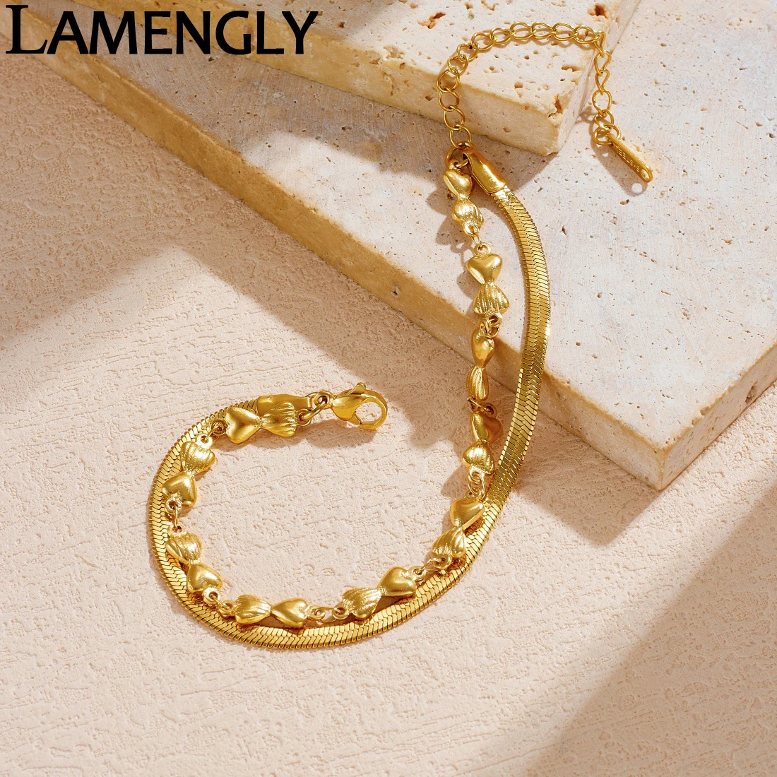 LAMENGLY 316L Stainless Steel Creative Design Heart Splicing Bowknot Double-Layer Bracelet Women Novel Trend Hand Chain Jewelry
