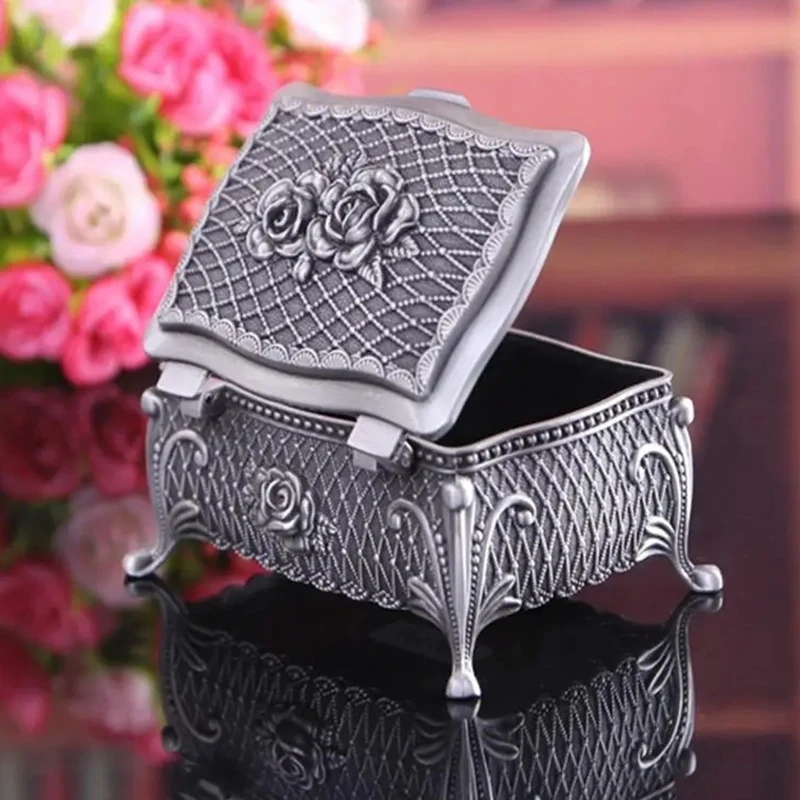 Europe Flower Carved Metal Jewelry Box Desktop Storage Box Epoxy Organizer For Women's Gifts Z078