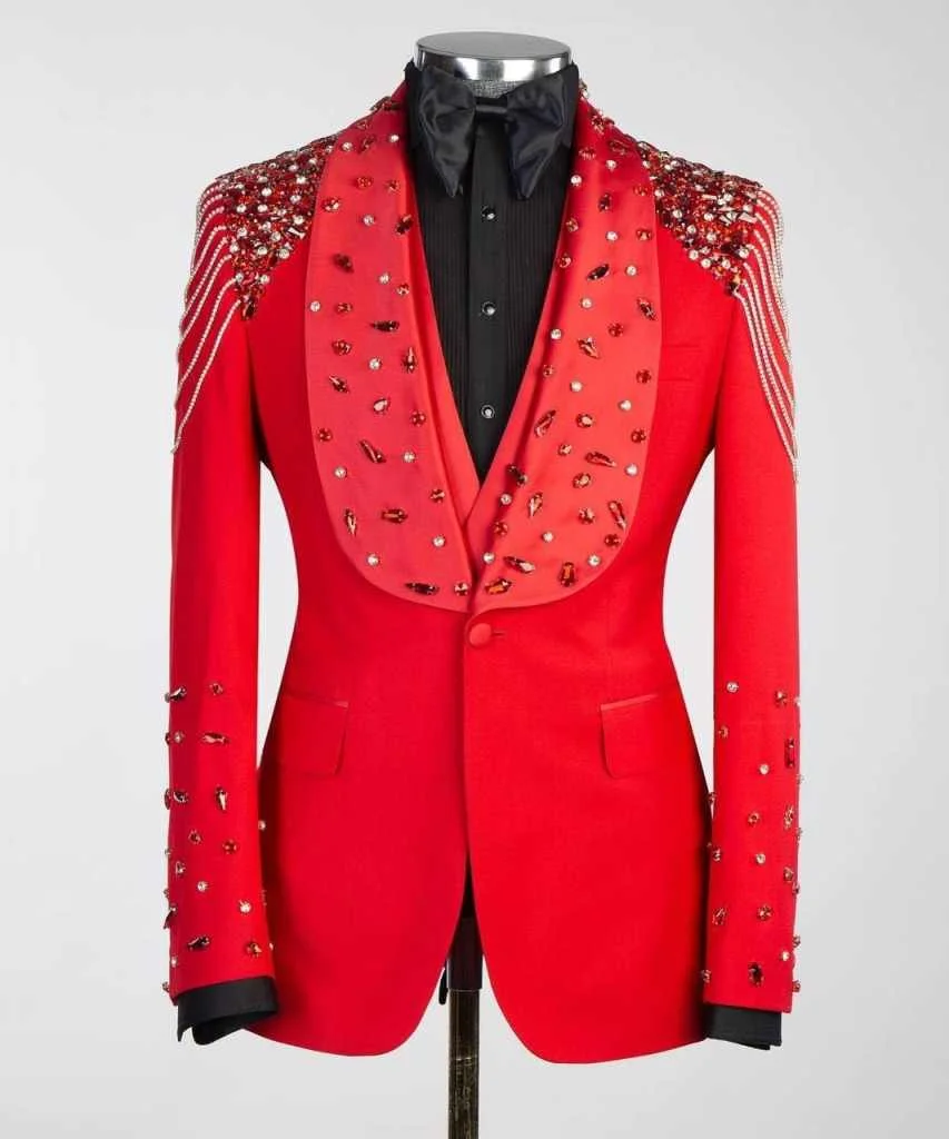 Luxurious Tailored Wedding Suits for Man 3 Pieces Blazer Pants Vest Shawl Rhinestone Chain Beading Modern Formal Customized