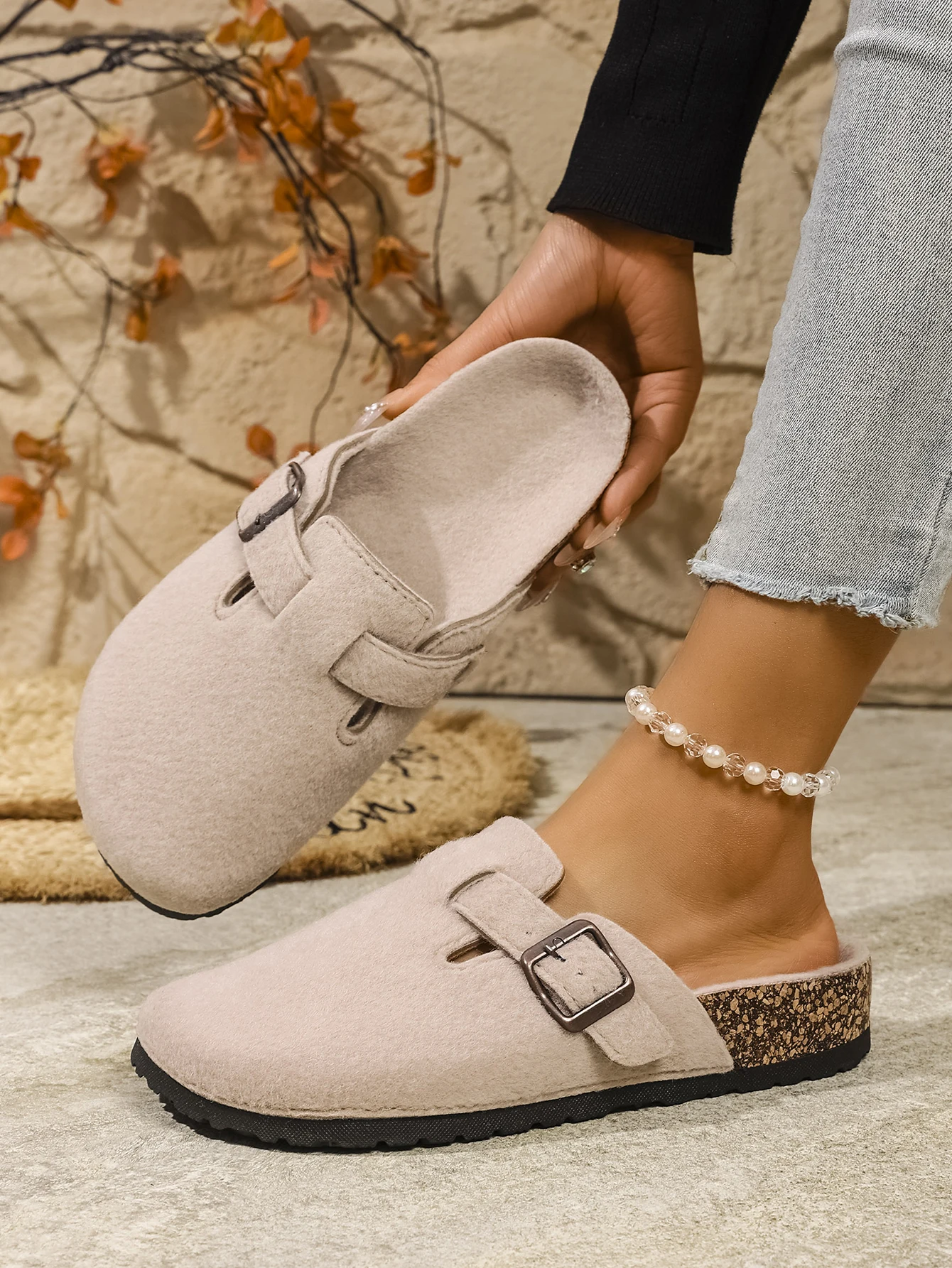 المرأة الربيع والخريف عادية بسيطة الصوف العلوي دافئ ومريح شقة الانزلاق على الفلين الحبوب مغلقة تو النعال البغال