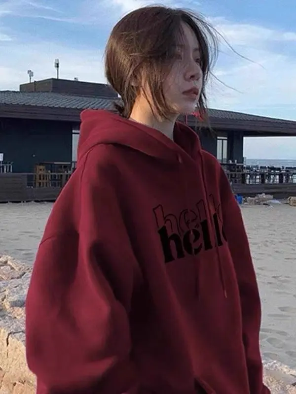 

Loose Fit American Retro Wine Red Hoodie ex Spring Autumn Large Size Comfortable Lazy Sle Hooded Jaet for Men And Women